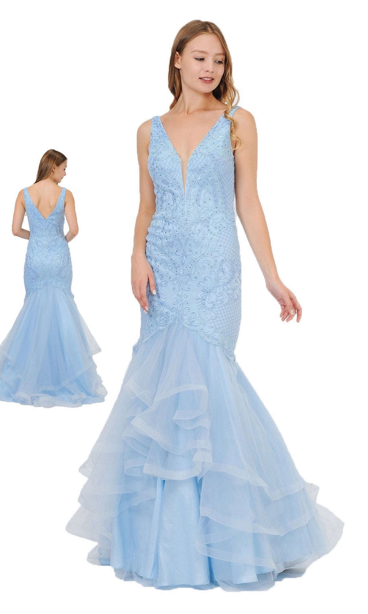 A woman wears the Embroidered V-Neck Mermaid Formal Prom Dress 8320—light blue, sleeveless, with an embroidered lace bodice and layered tulle skirt—shown from front and back.